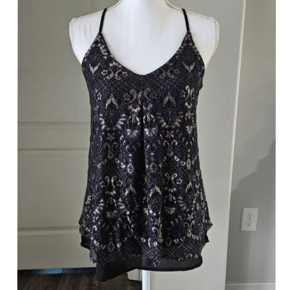 Lace Black Gold Layered Tank Blouse MAURICES Size XS Extra Small